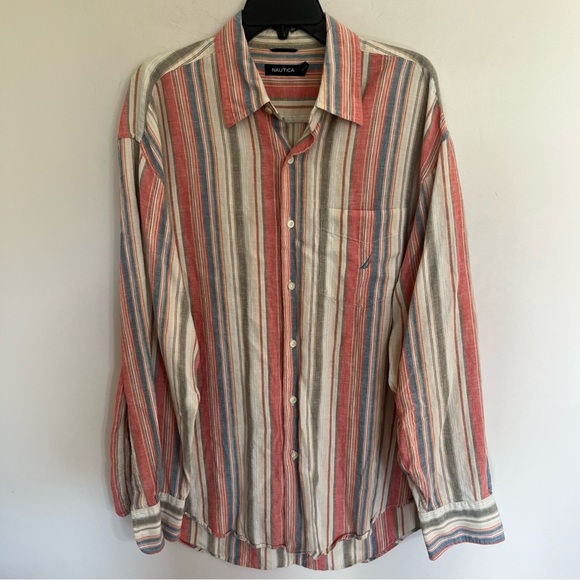 Men’s Nautica Multi-color Striped Linen Blend Button Down Shirt Size Large - Picture 1 of 10